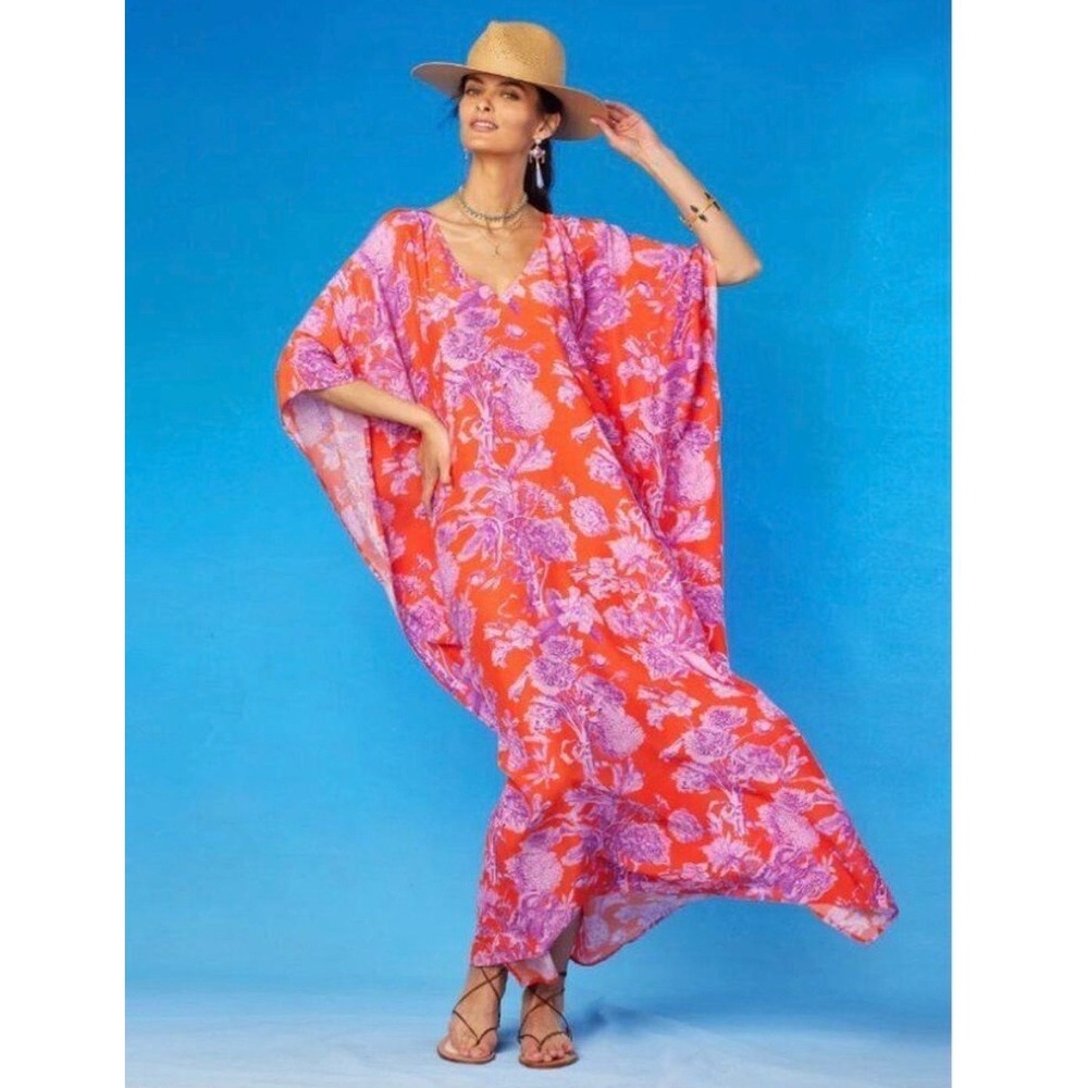 NicoBlu Camille Kaftan Dress Orange Purple Floral Toile Viscose Maxi Large